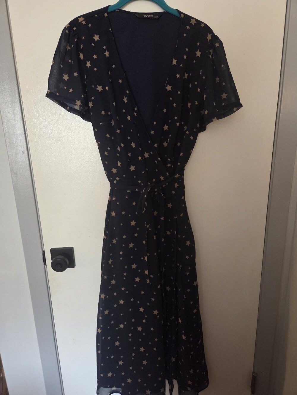 eShakti Navy Blue Celestial Star Print Chiffon Wrap Midi Dress Size 1X 16W